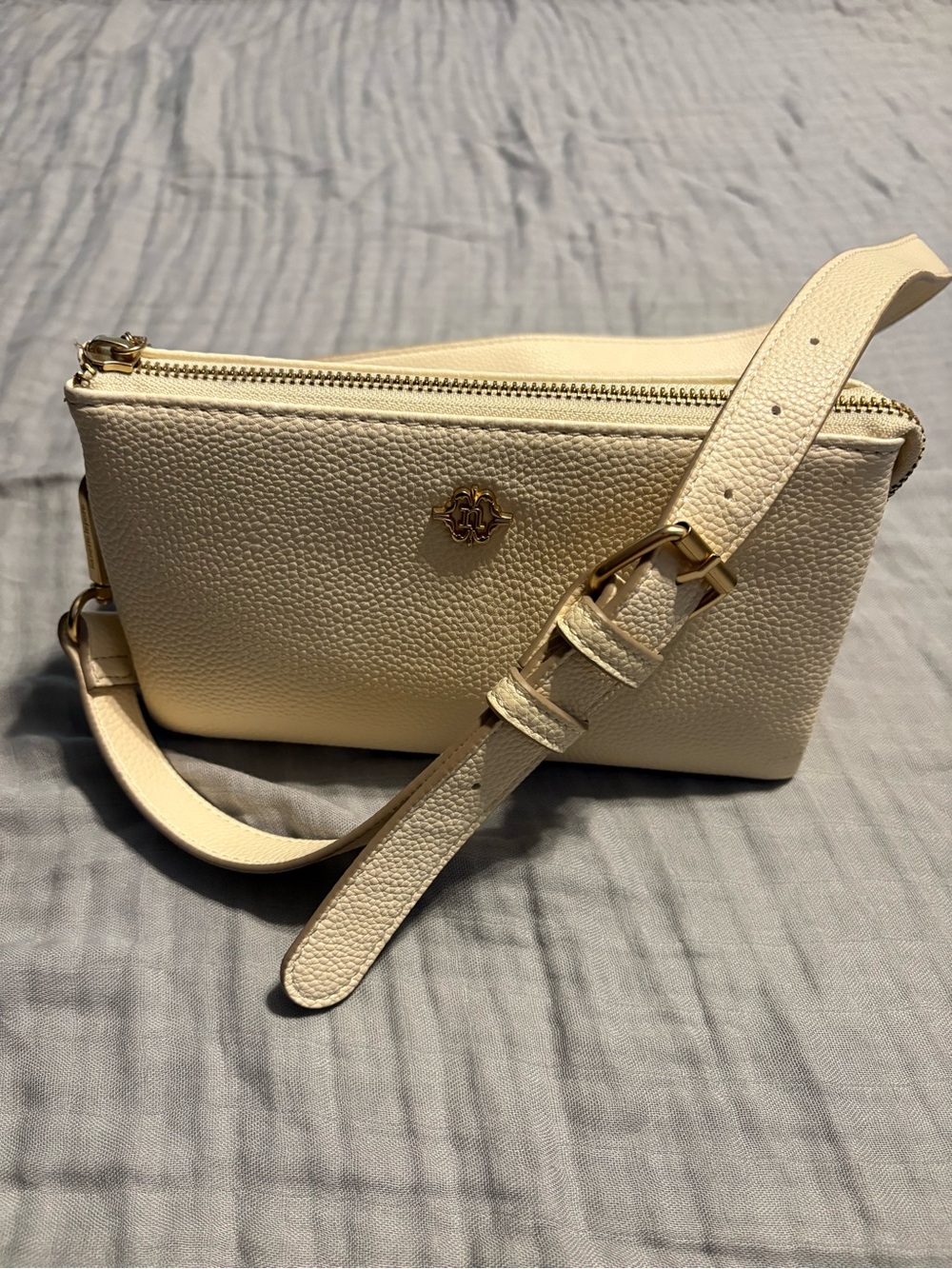 Nanette Lepore Cream Pebbled Leather Crossbody with Gold Hardware